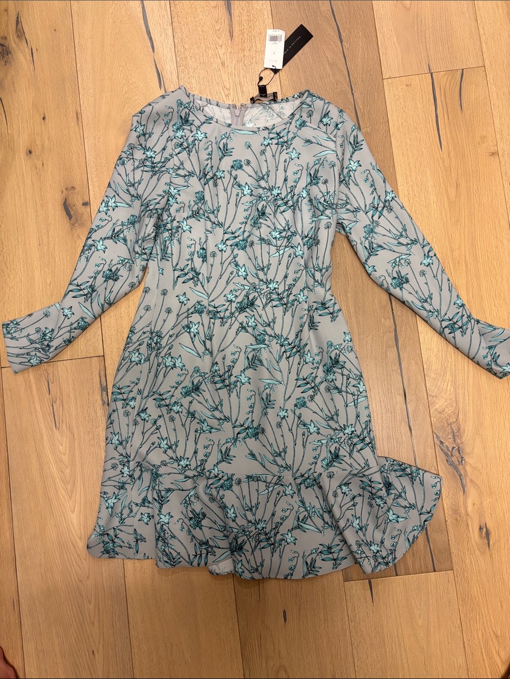 Banana Republic Light Gray Long-Sleeve Floral Ruffle-Hem Dress